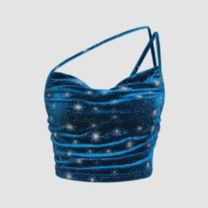 NWT Velvet Star Crop Top With Ruched Neckline Dark Blue Cider